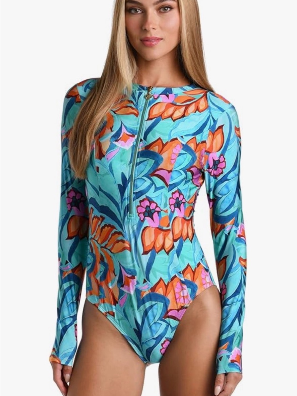 Long-Sleeve Floral Zip Front One-Piece Swimsuit - Turquoise Multi